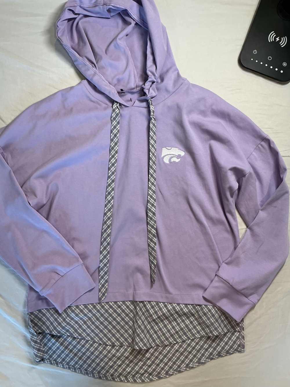 Lavender Long-Sleeve Hoodie Tee with Plaid Hem and Drawstrings
